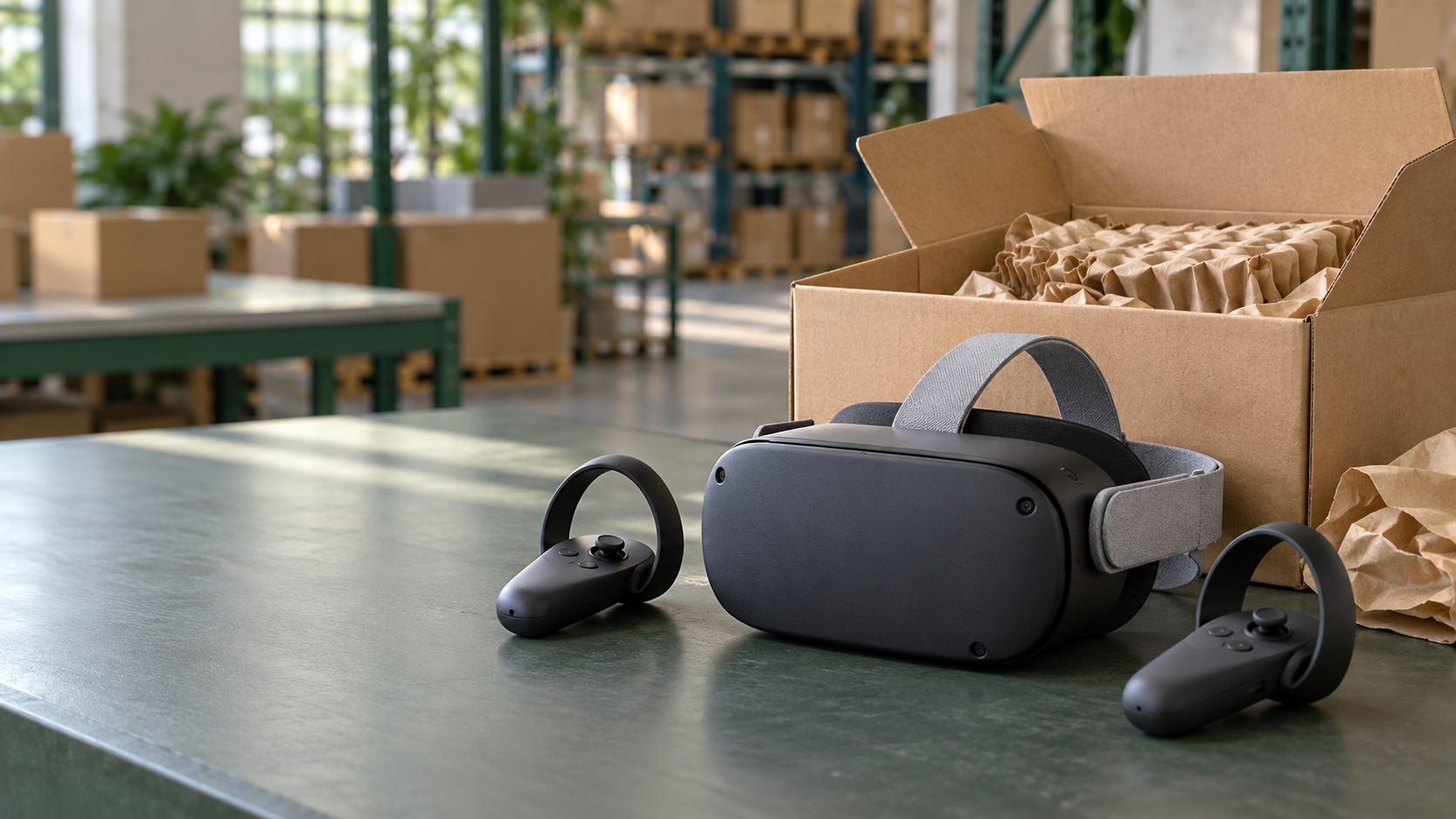 Grafika ilustracyjna: gogle VR i kontrolery przy opakowaniu wysyłkowym